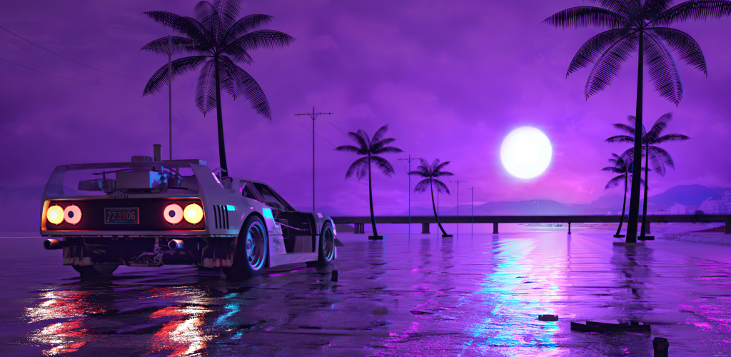 1024x500 Retro Wave Sunset and Running Car 1024x500 Resolution ...