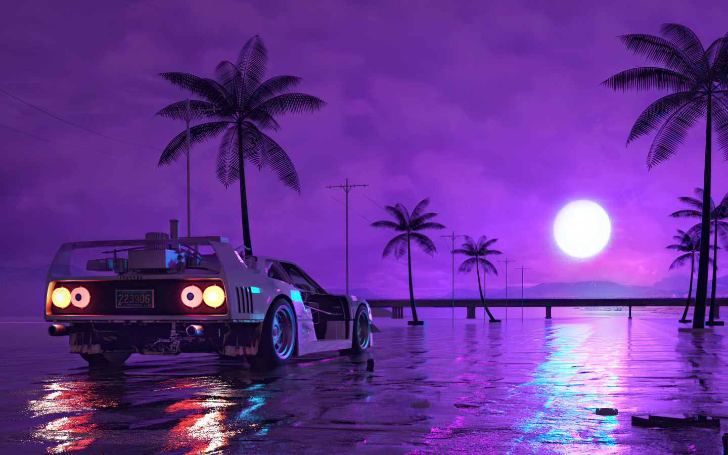 1440x900 Retro Wave Sunset and Running Car 1440x900 Wallpaper, HD