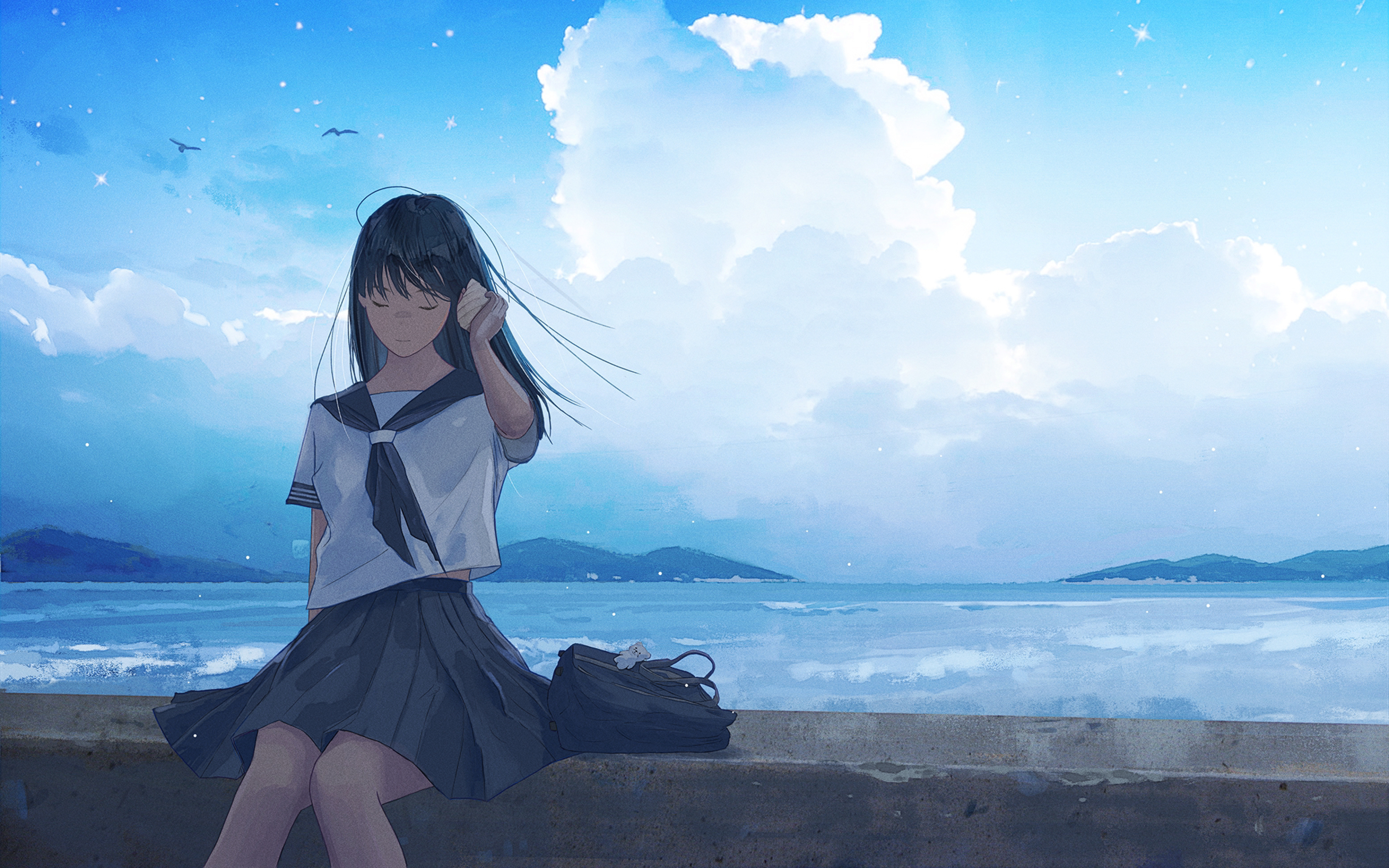 Wallpaper ID 1226890  anime girl ocean 1080P school uniform  landscape Anime buildings white hair back view free download