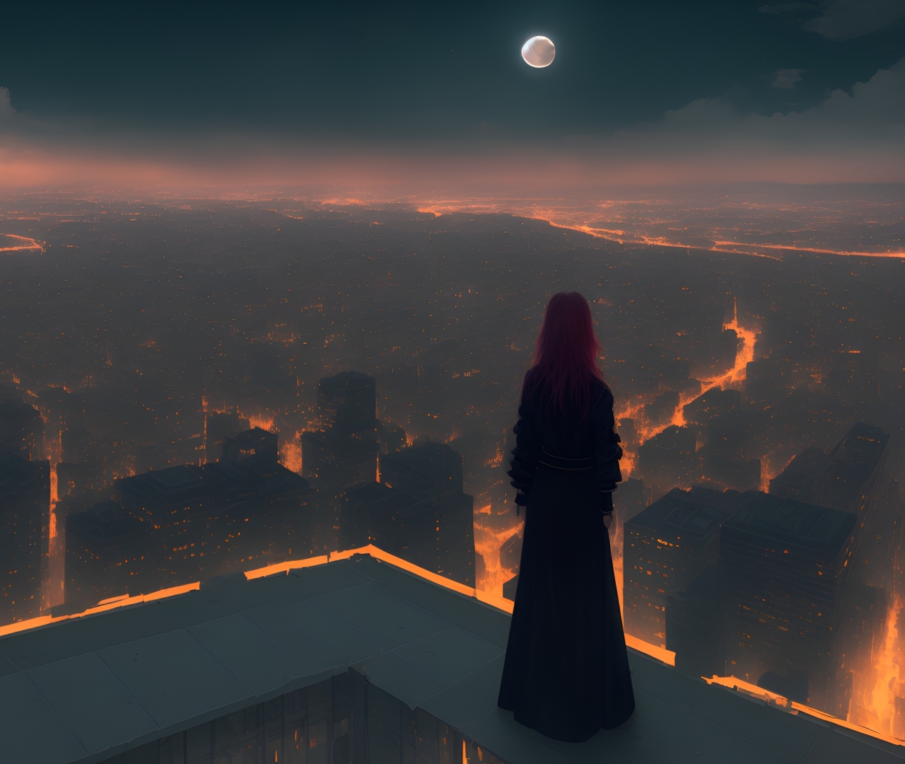 Lonely Girl Alone Moon Night City Scenery 4K Phone iPhone