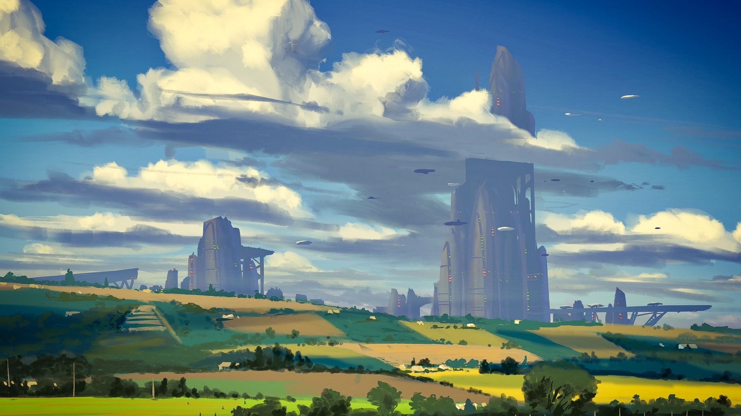 2560x1440 Sci Fi Countryside Painting City 1440p Resolution