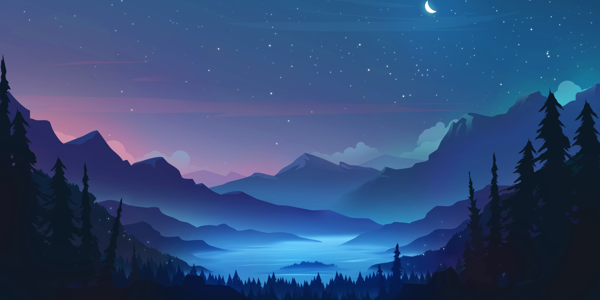 2048x1024 Starry Landscape 4k Cool Blue Moon 2048x1024 Resolution ...