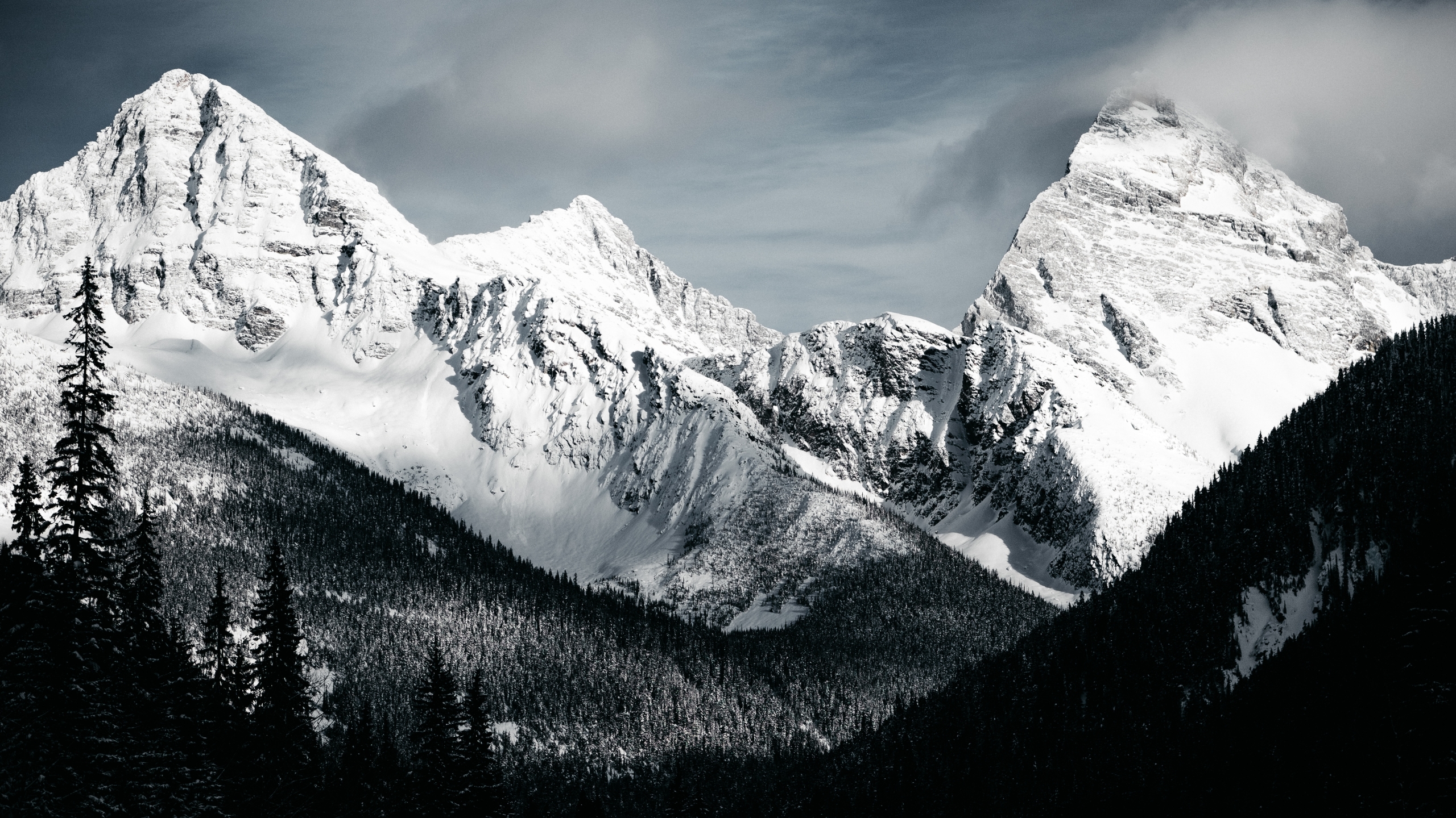 2560x1440 Stone Mountains Snow In Monochrome 1440p Resolution Wallpaper