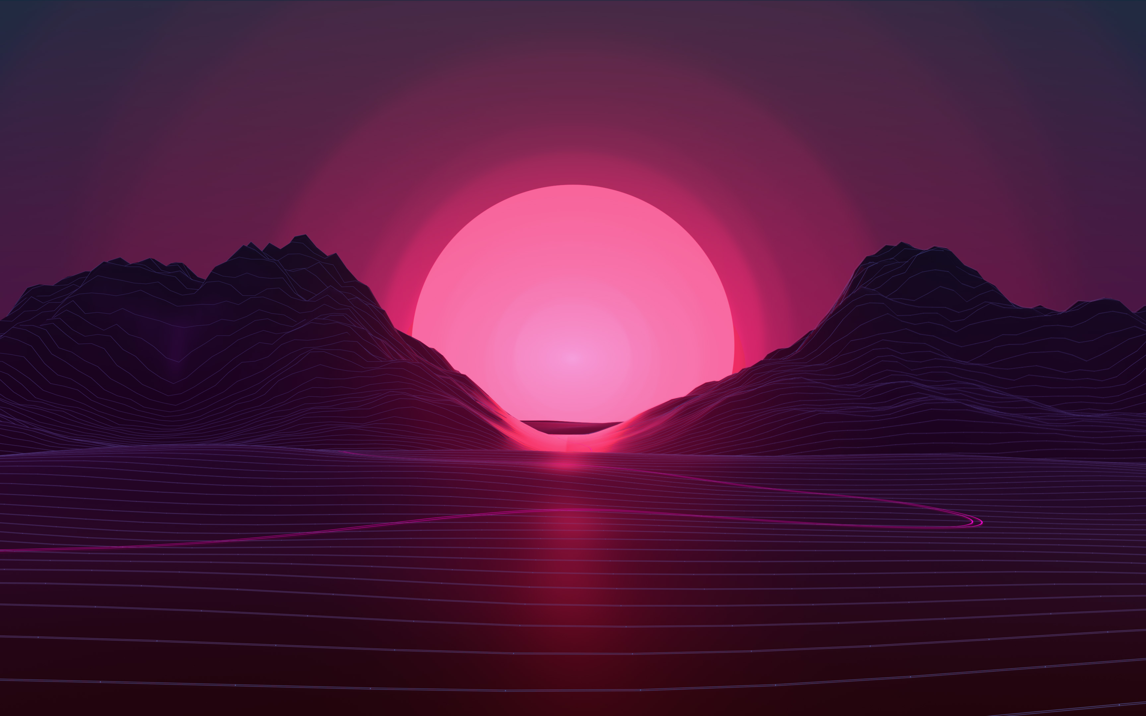 What is the title of this picture ? Sun In Retro Wave Mountains, HD 4K Wallpaper
