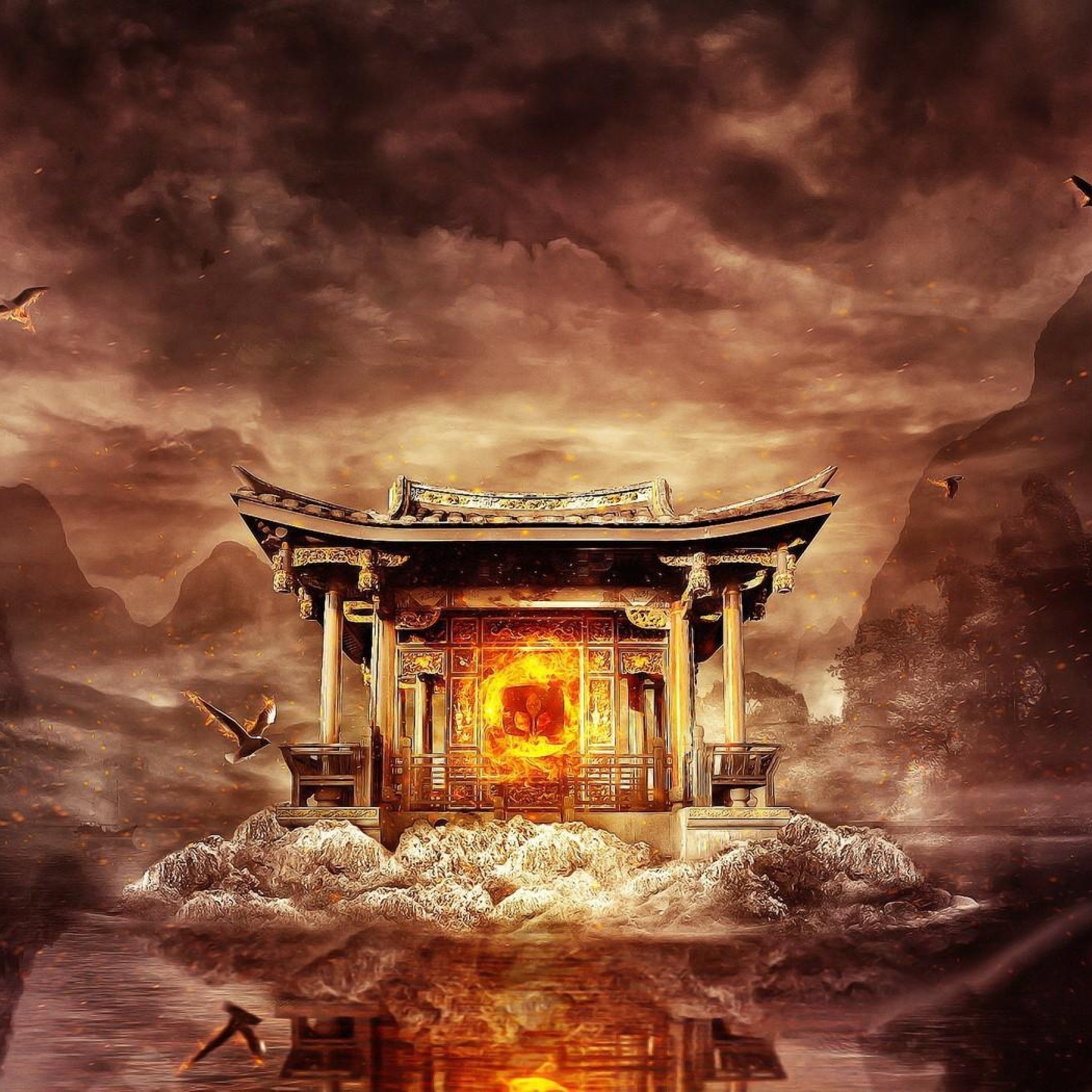 Fire temple. Фэнтези Огненный храм. Японский храм в огне. Небесное святилище. Храм огня арт.