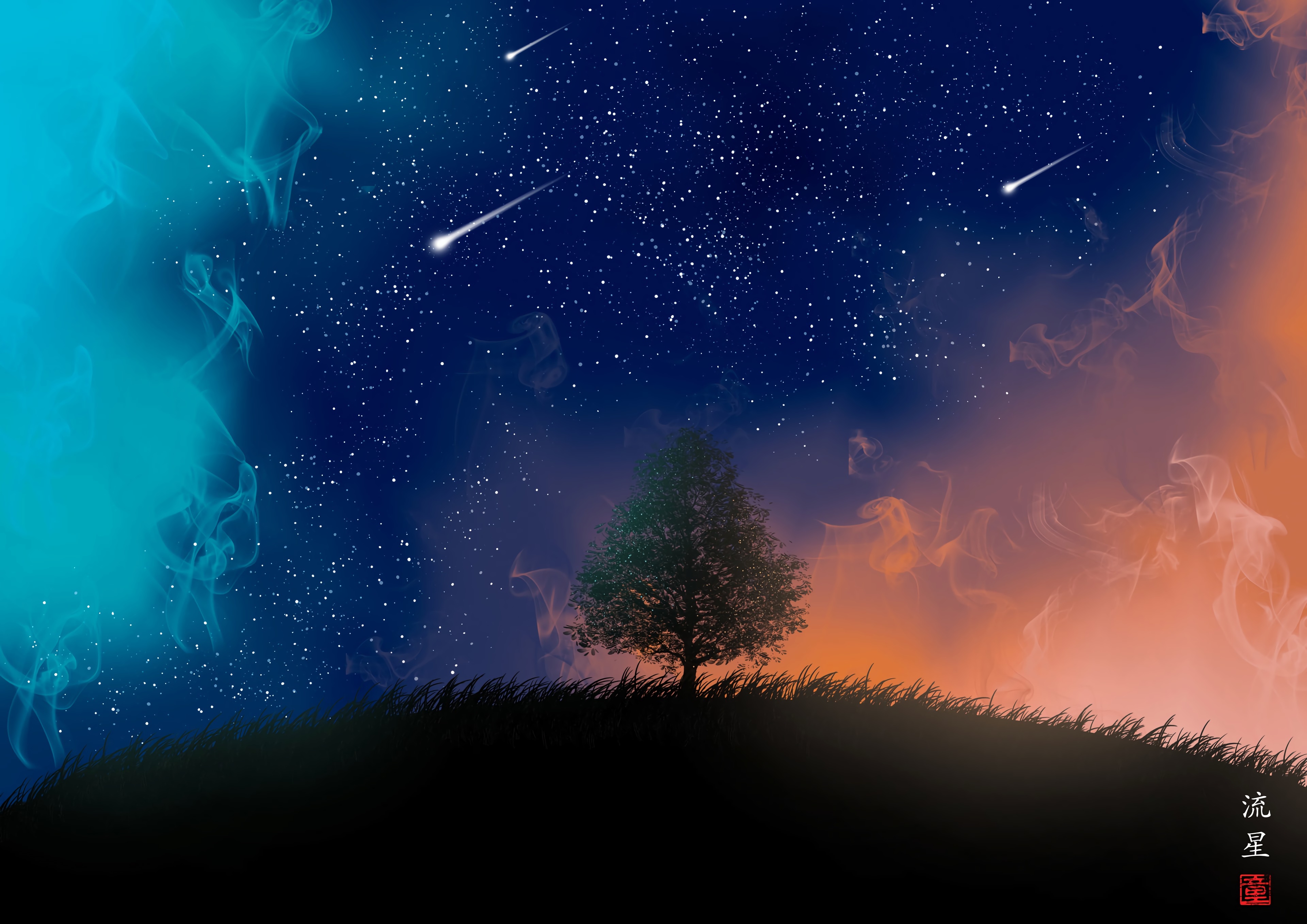 Tree and Shooting Stars 4K Wallpaper, HD Artist 4K Wallpapers, Images