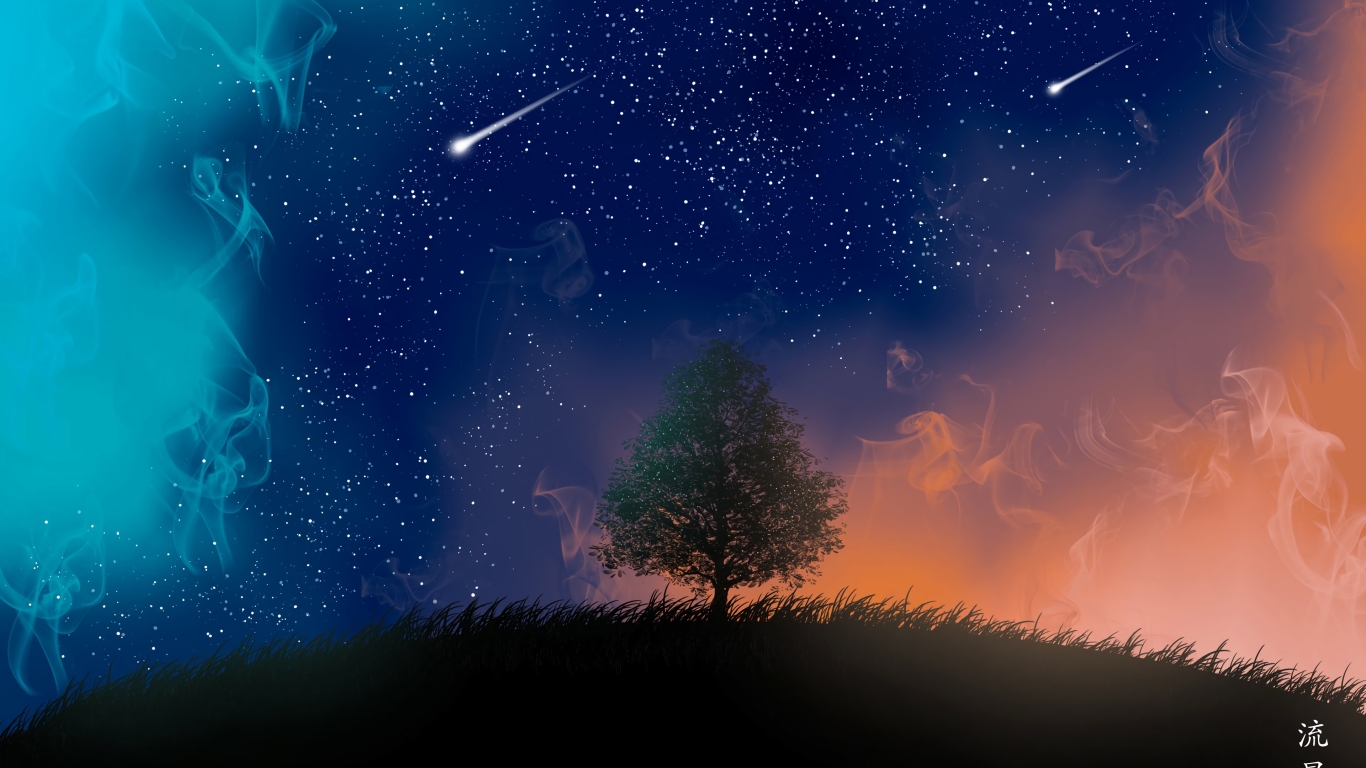 1366x768 Tree And Shooting Stars 4k 1366x768 Resolution Wallpaper Hd Artist 4k Wallpapers Images Photos And Background