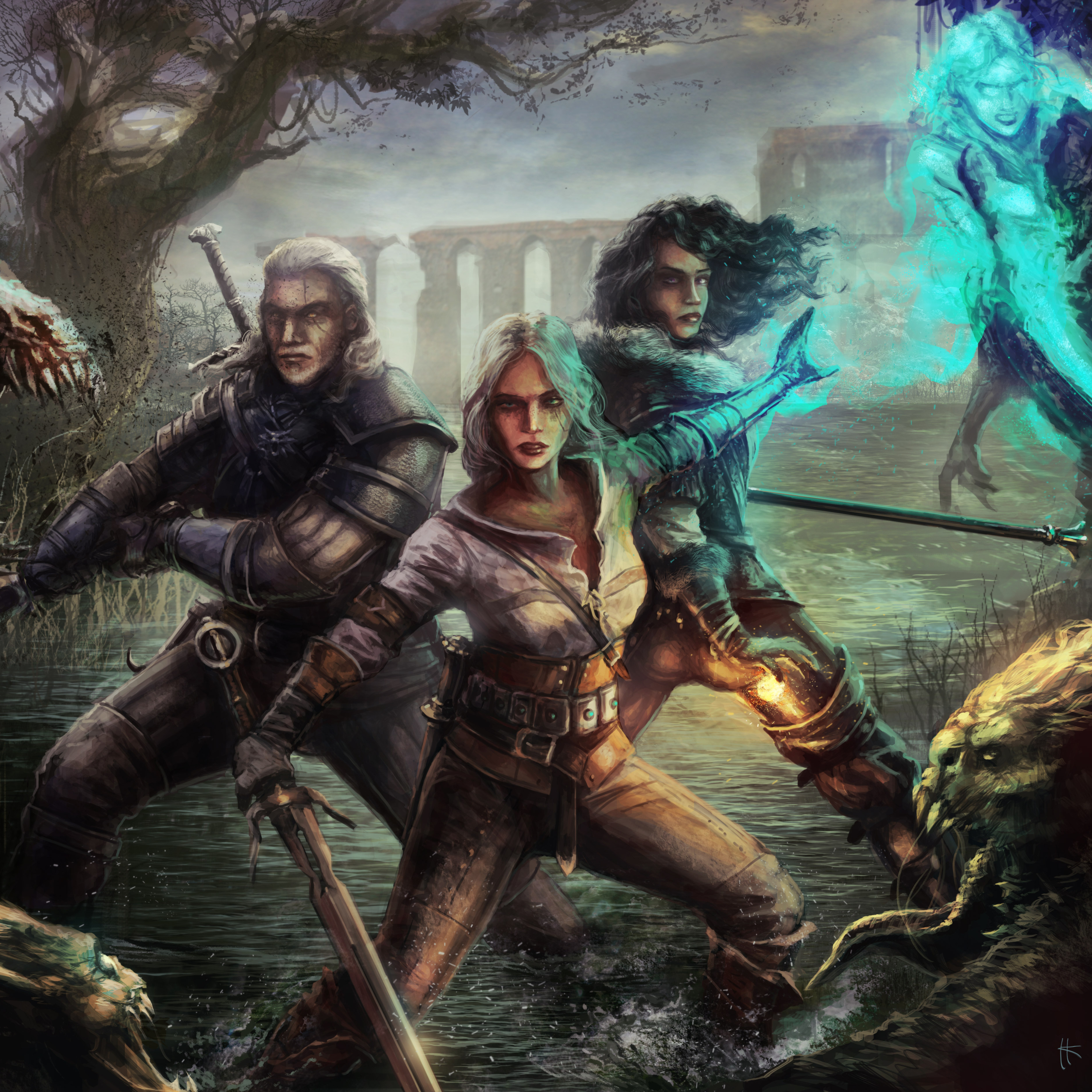 2248x2248 Witcher 3 Wild Hunt Geralt Yen And Ciri 2248x2248