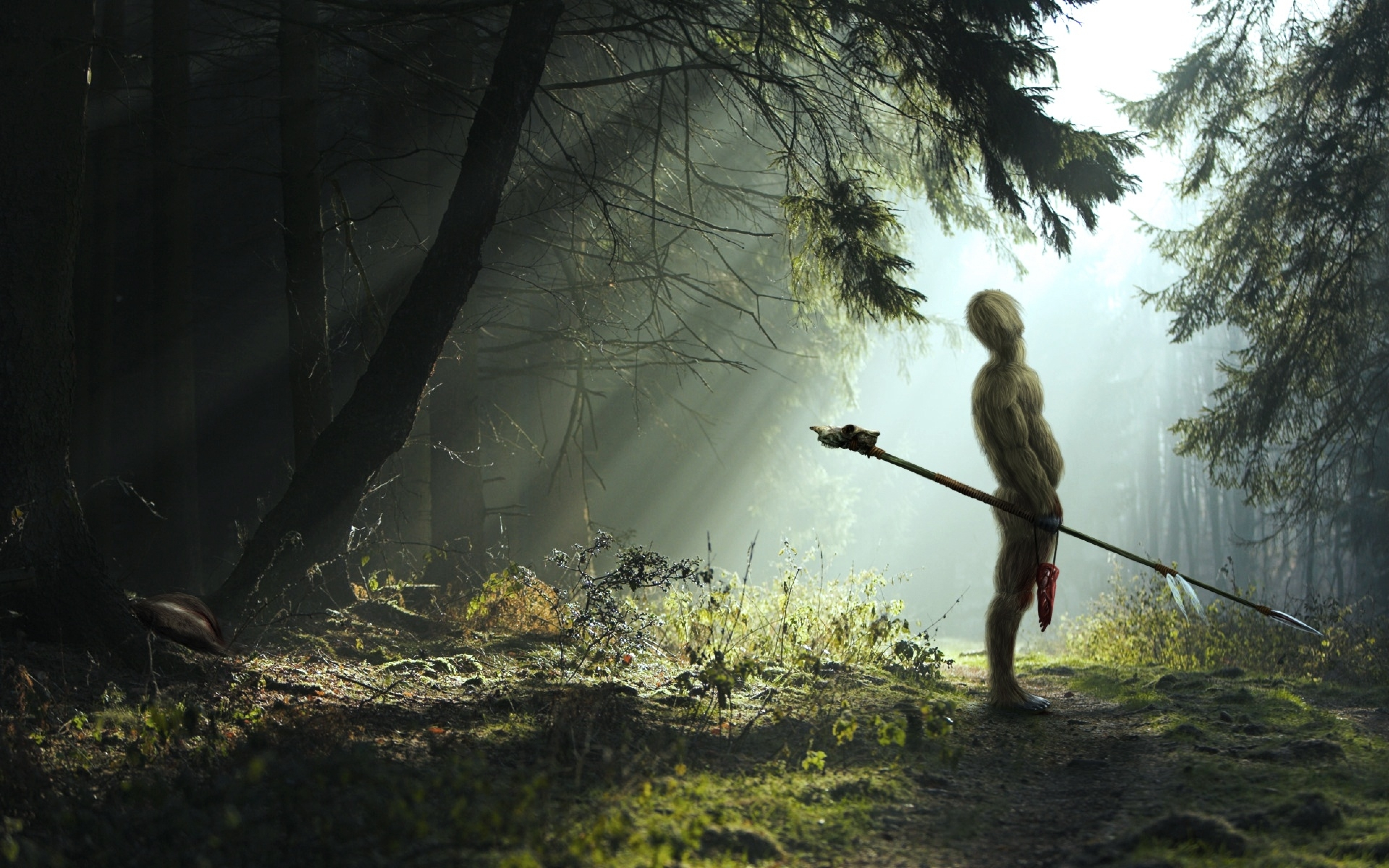Бредешь в лесу. Воин в лесу. Человек в лесу арт. Охотник с копьем. Человек в туманном лесу.