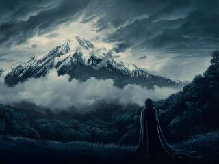 4K Mysterious Woman near Snow-Capped Mountain wallpaper