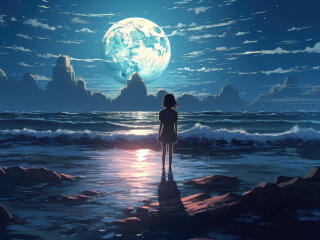 5K Anime Girl Watching Moon wallpaper