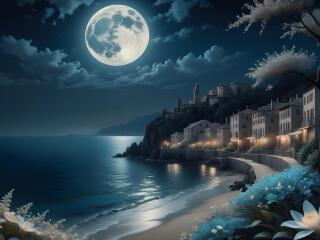 AI Coastal HD Moon Night Wallpaper