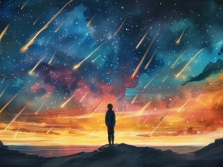 Alone in Space Meteor Shower Cool HD Art Wallpaper