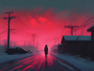 Alone walking in Red Sunset Wallpaper