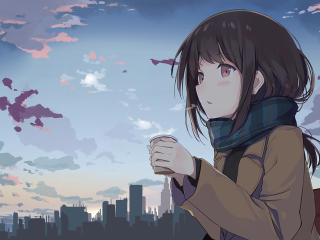 Anime Girl Holding Tea Outside wallpaper