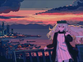 Anime Girl In Balcony Cityscape Sea And Sunset wallpaper