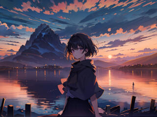 Anime Girl in Mountains Lake wallpaper