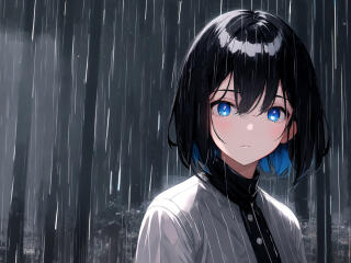 Anime Girl Sad Blue Eyes in Rain Wallpaper