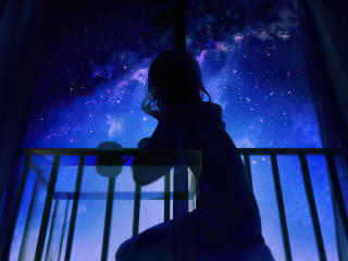 Anime Girl Staring at Night Sky wallpaper