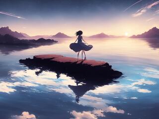 Anime Girl Walking on Water 2023 AI Art wallpaper