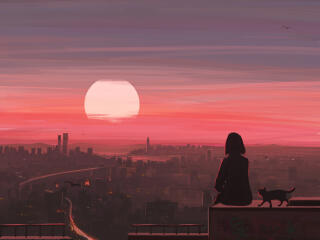 Anime Sunset HD Alone with Cat Wallpaper