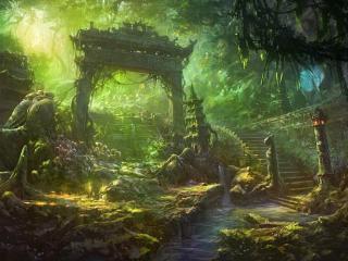 arch, staircase, forest wallpaper