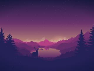 Artistic Forest Mountains Lake And Deer wallpaper