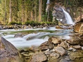austria, waterfall, forest wallpaper