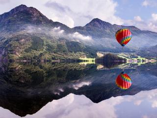 balloon, mountain, lake wallpaper