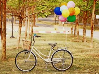 bicycle, park, balloons wallpaper