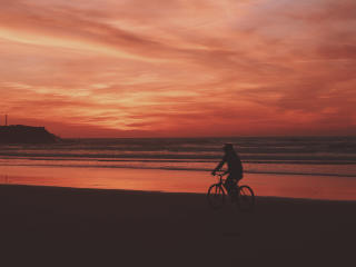 bicyclist, sea, shore Wallpaper