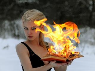 blonde, book, fire wallpaper