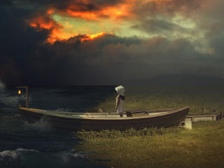 Boat, Lantern And Girl In Dark Night Art wallpaper