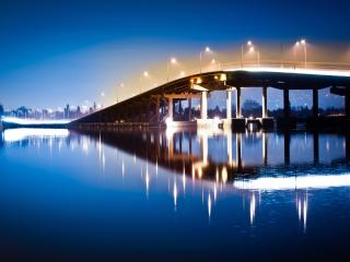 bridge, lake, lights wallpaper