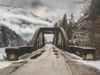 bridge, mountains, overcast Wallpaper
