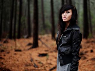 brunette, forest, jacket Wallpaper