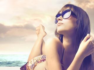 brunette, sky, sunglasses Wallpaper