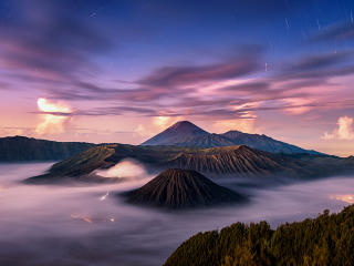 Calm Volcano Landscape in Fog wallpaper