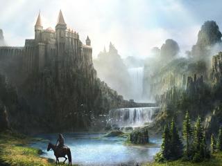 castle, waterfall, mountains Wallpaper