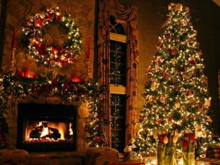 christmas tree, ornaments, fireplace wallpaper