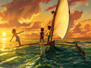 Cool Kids on Boat Art wallpaper