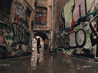 courtyard, gates, graffiti Wallpaper
