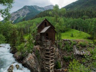 crystal mill, trees, mountains wallpaper
