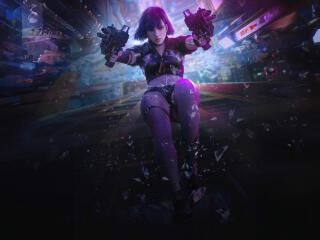Cyberpunk Girl Leaping Out Firing Guns In The Night wallpaper