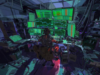 Cyberpunk Robot Hacking Stock Market wallpaper