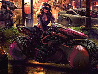 Cyberpunk Woman in Motorcycle wallpaper