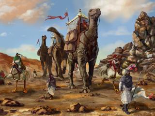 desert, caravan, dinosaurs wallpaper