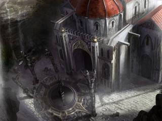 dungeon siege, cathedral, waterfall wallpaper