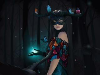 Fantasy Mask Women With Butterfly And Birds In Night wallpaper