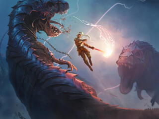 Fantasy Warrior Agains 2 Monster Creature HD wallpaper